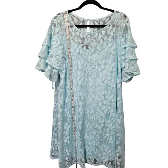 Lane Bryant Dress 18 Blue Lace Ruffle Sleeve Below Knee Pullover Sheath Floral - Picture 12 of 14